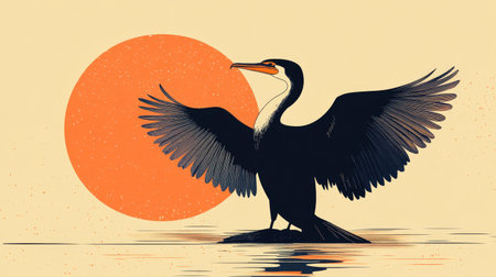 Flat design of a cormorant drying its wings in the sun, depicted in complementary colors for visual appeal.の素材