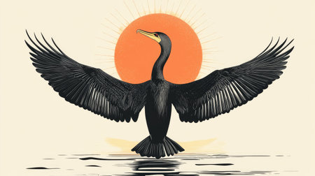 Front view of a cormorant stretching its wings under the sun, illustrated in a complementary color palette.の素材