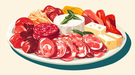 Flat design of an antipasto platter, showcasing Italian meats and cheeses in a lively triadic color palette.の素材