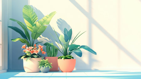 Side view of potted plants basking in sunlight on a balcony, flat design style with a triadic color scheme.の素材