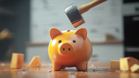 3D illustration of a piggy bank with a hammer hovering above it, representing financial risk or breaking into savings.の素材