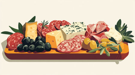 Side view of an antipasto platter with cured meats, cheeses, and olives, rendered in a flat design with a triadic color scheme.の素材