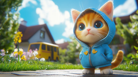 A 3D kitten wearing a cute costume, standing in front of a house, waiting for the kindergarten bus on a sunny day, excited for school.の素材