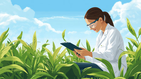 Plant science: A scientist studying plants in a field, representing the field of plant science and its contributions to agriculture and the environment.の素材