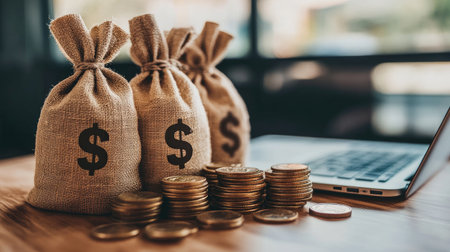 Bags of money and coins placed in front of a laptop, symbolizing the growth of digital financial investments in fintech.の素材