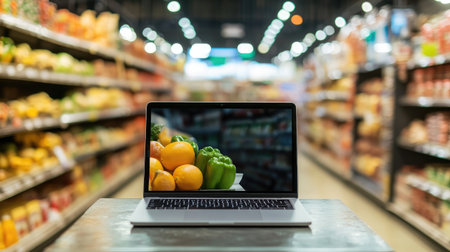 Laptop in grocery aisle: A laptop resting on a table in a grocery aisle, with a blurred background, symbolizing online grocery shoppingの素材