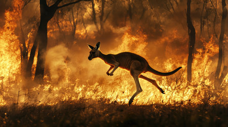 Kangaroo jumping through smoke-filled woods as a fire rages in the background, representing survival.の素材