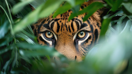 Big cat hidden in rainforest foliage, peering through with intense eyes, symbolizing the importance of wildlife protection.の素材