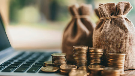 Digital wealth and investment represented by money bags, coins, and a laptop, highlighting fintech growth.の素材