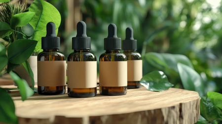 Natural beauty serum bottles with blank labels on a wooden surface, surrounded by plants.の素材