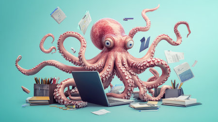 Octopus managing various office items with its tentacles, representing multitasking at workの素材