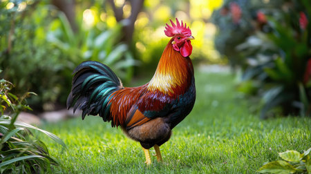 Rooster stands proudly in a garden while eating grass, symbolizing the charm of rural life and farm animals.の素材