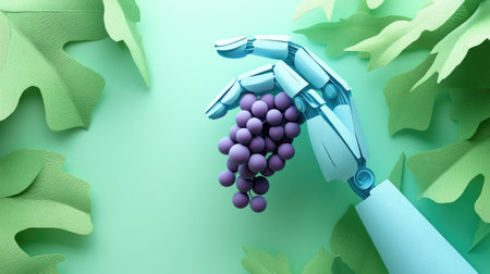Robot hand carefully selects a grape in paper cut style, symbolizing high-tech line operations in agricultureの素材