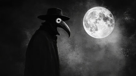 A creepy plague doctor figure with a beak mask, illuminated by a full moon in a black and white illustration.の素材