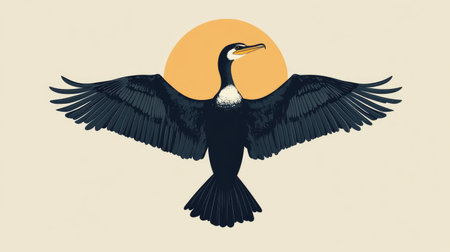 A cormorant drying its wings in the sun, rendered in flat design with a balanced complementary color scheme.の素材