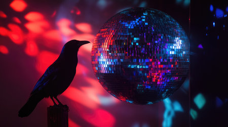 A crow shadow against the reflection of a spinning disco ball, juxtaposing dark and light elements.の素材
