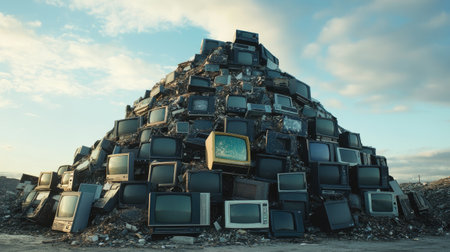 A mountain of old TVs in a landfill, highlighting the problem of electronic waste and disposal.の素材