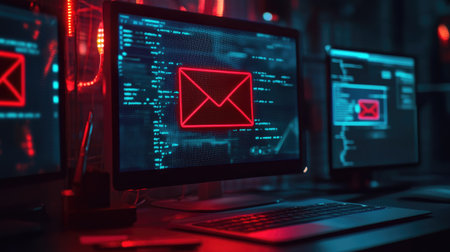 An email system displaying phishing detection tools, highlighting suspicious messages with warnings and alerts.の素材