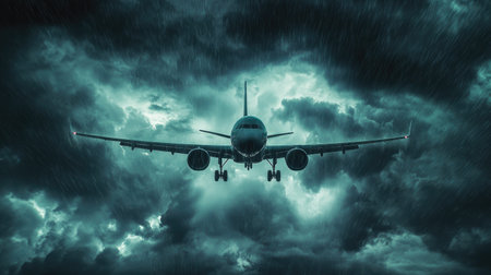 An airplane flying against a backdrop of dark, swirling storm clouds, with dramatic lighting and heavy rain.の素材