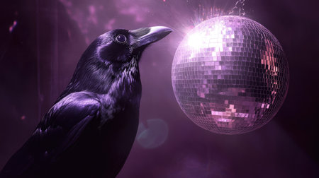 A surreal scene with a crow eyeing a disco ball, contrasting the bird dark feathers with the reflective light.の素材