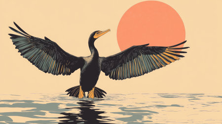 Front view of a cormorant stretching its wings under the sun, illustrated in a complementary color palette.の素材