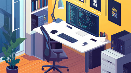 Illustration of a home office setup with a worker using encrypted tools and a VPN for secure remote work.の素材