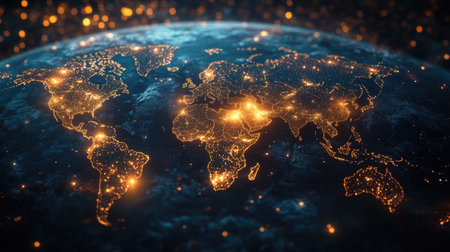 Map of the world with numerous crisis points lit up, illustrating the interconnected nature of global problems.の素材