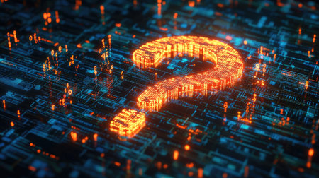 A digital 3D question mark surrounded by binary code, representing AI-driven question-answering systems.の素材