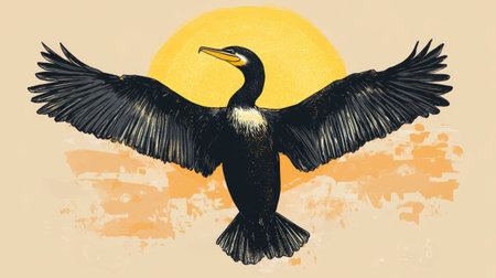 Front view of a cormorant stretching its wings under the sun, illustrated in a complementary color palette.の素材