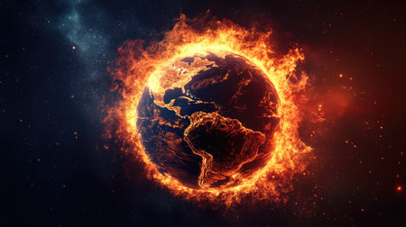 Planet Earth heating up with rising flames, representing the urgent need to combat climate change and global warming.の素材