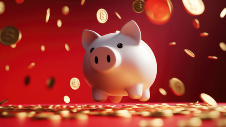 3D rendering of a hovering piggy bank with coins falling down, against a bold red background, symbolizing prosperity.の素材