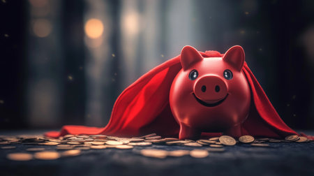 A piggy bank dressed as a superhero, with a flowing cape and coins scattered around, symbolizing the power of saving money.の素材