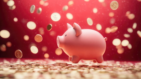 A piggy bank in mid-air, surrounded by falling coins, set against a striking red backdrop, representing money and financial growth.の素材