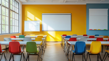 A stylish, contemporary classroom setup with colorful chairs, interactive whiteboards, and neatly arranged desks, symbolizing back to school.の素材