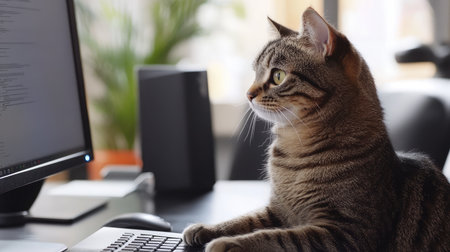 A professional cat, deeply focused, sitting at a sleek office desk working diligently on a computer, symbolizing business and productivity.の素材