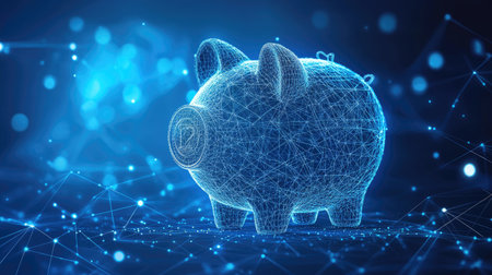Abstract piggy bank and coin composed of lines and triangles, forming a digital network on a glowing blue backgroundの素材