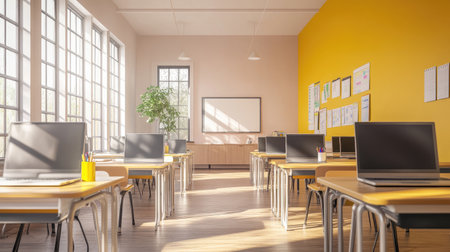 Bright and modern classroom filled with desks, computers, and school supplies, ready for students to return to learning.の素材