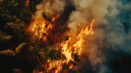 Aerial view of a bamboo forest caught in a devastating wildfire, smoke billowing as flames rage through the dense woods.の素材