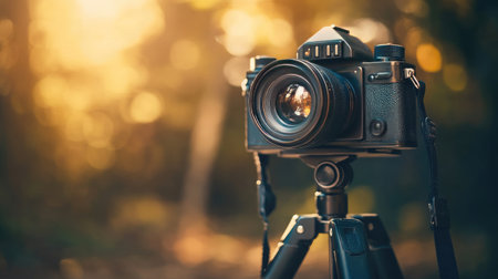 Close-up of a vintage camera on a tripod, perfectly balanced and ready for a photoshoot, with rustic tones highlighting its antique beauty.の素材