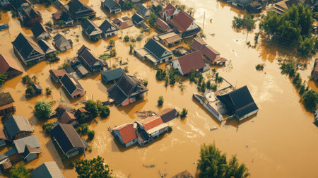 Aerial view of a catastrophic flood overtaking a town, with rooftops barely visible as water covers the landscape, a somber scene of destruction.の素材
