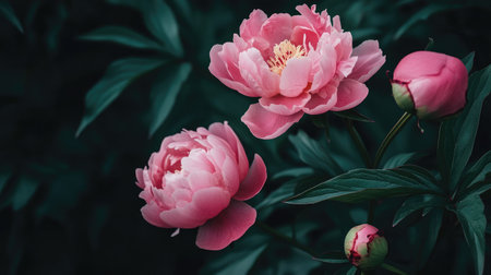 Close-up of pink peonies blooming against a dark background, with rich green foliage adding to the elegance and romance of the floral arrangement.の素材
