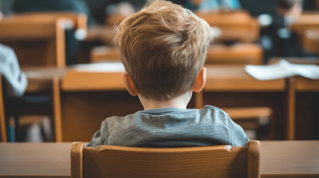 Little boy sitting at a desk, seen from behind, paying attention in class, ready for the academic year.の素材