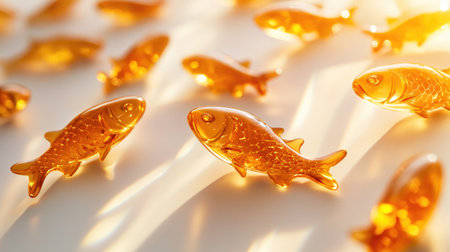 Close-up of glossy Omega 3 fish oil capsules in the shape of fish, artistically arranged on a soft white backdrop, glowing in the lightの素材