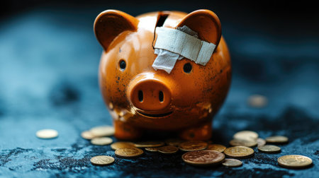 Cracked piggy bank with a patch of bandages, coins trickling out, representing a financial setback and effort to fix itの素材