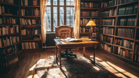 Elegant home library with a wooden desk and armchair, surrounded by bookshelves and bright light, exuding a calm and studious atmosphere.の素材