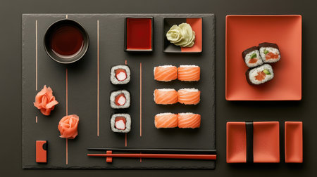 Flat lay sushi set with soy sauce and chopsticks, beautifully presented on slate plates with a red and black theme, ideal for restaurant menusの素材