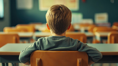 Little boy sitting at a desk, seen from behind, paying attention in class, ready for the academic year.の素材