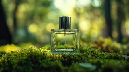 Close-up of perfume bottle set on green moss in a forest, merging luxury and nature allure.の素材