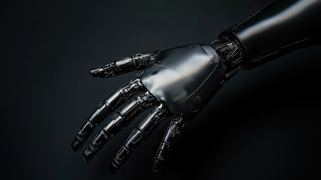 Futuristic bionic prosthetic hand with lifelike details, emerging from shadows on a dark, high-contrast background.の素材