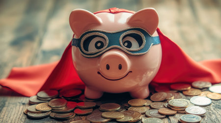 Piggy bank with superhero mask and cape, surrounded by coins, evoking the idea of saving money to achieve heroic financial goals.の素材